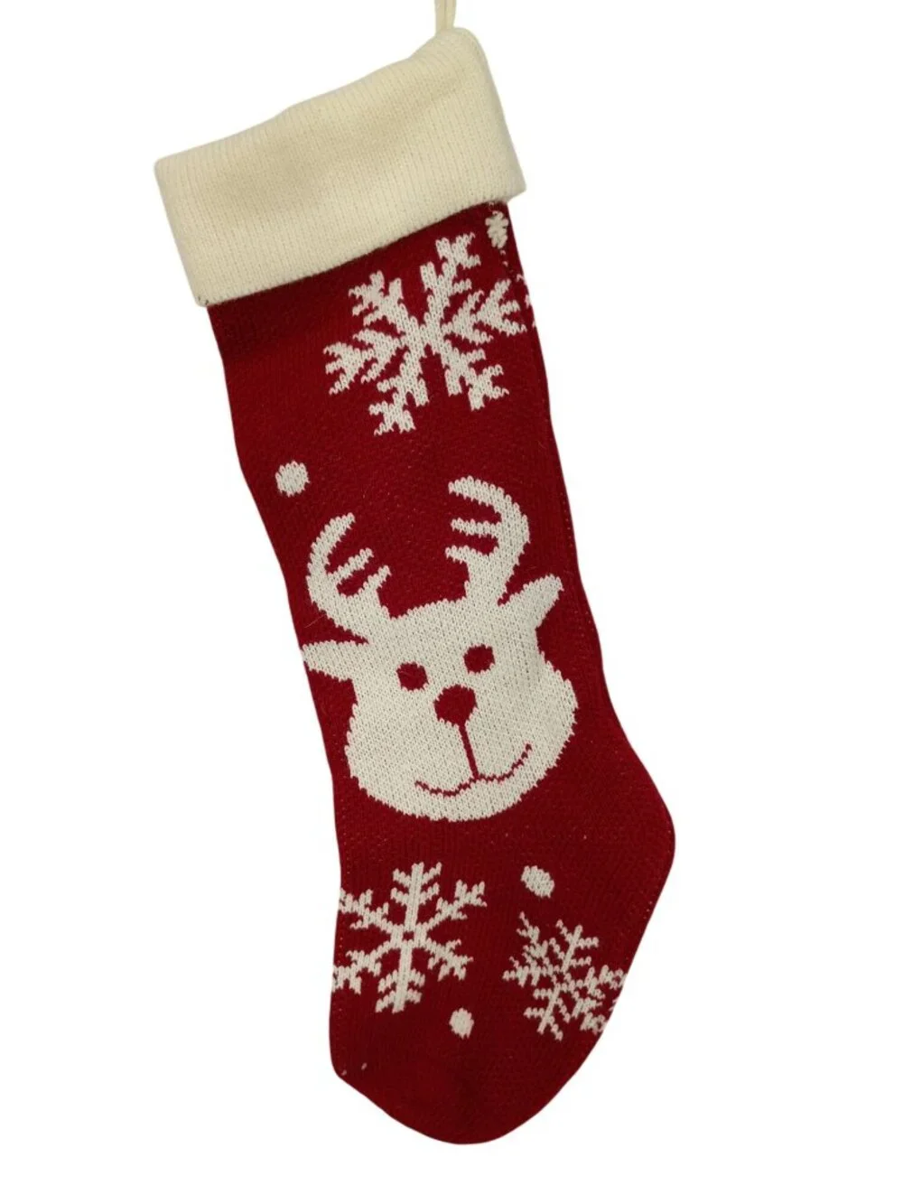 Red Knit Christmas Stocking With Reindeer & Snowflake Design - Holiday Decoratio